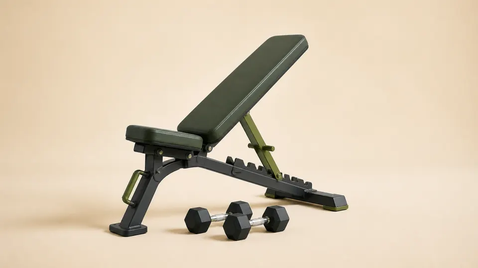 An incline exercise bench with two dumbbells positioned beside its base.