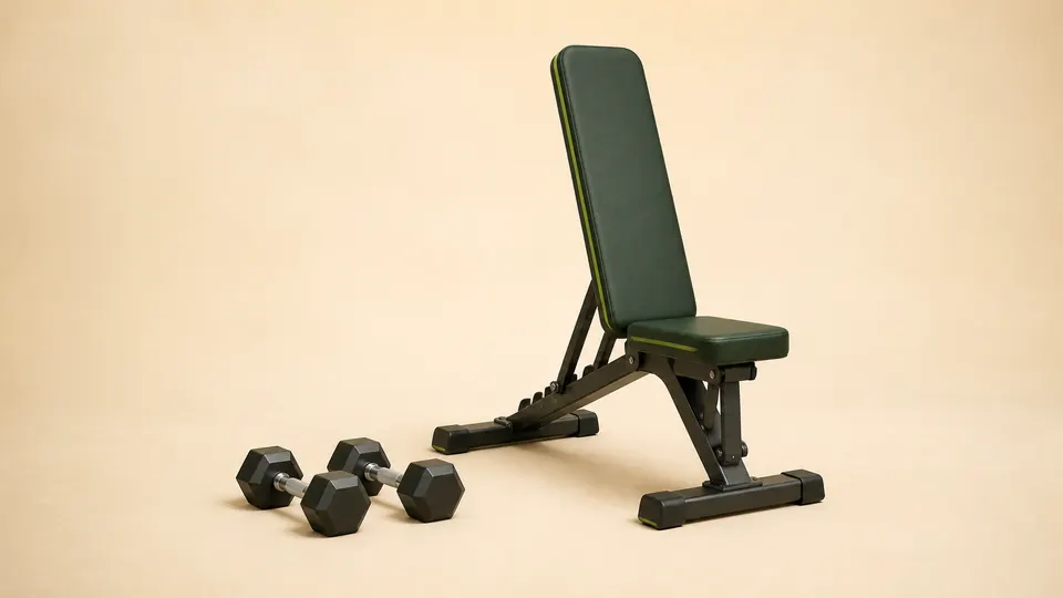A matched pair of dumbbells arranged beside an upright training bench.
