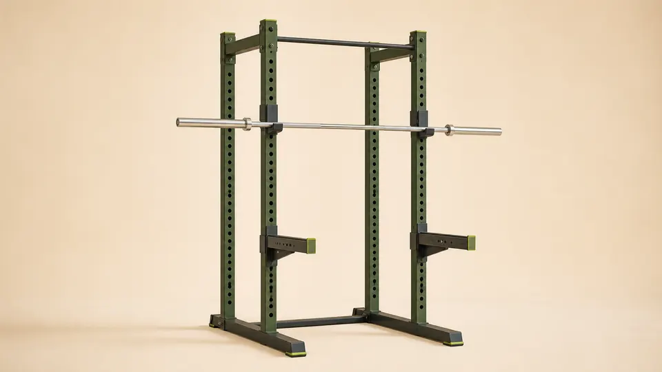 A barbell secured on a squat rack inside a clear lifting bay.