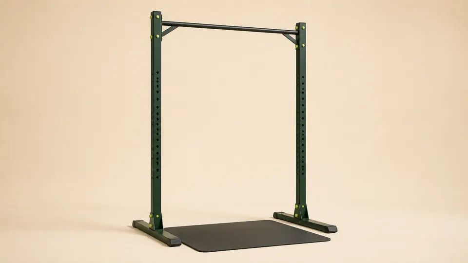 A pull-up station with a clear hanging area and a mat beneath it.