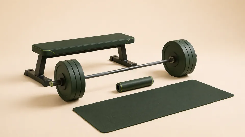 A padded bench, barbell and bar pad arranged on a clear studio floor.
