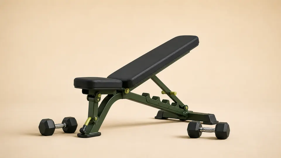 An exercise bench set to a low incline with two dumbbells beside it.