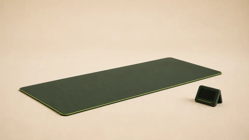 An exercise mat laid flat beside a small interval timer in a quiet studio.