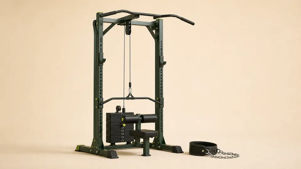 A combined pull-up and cable station with a dipping belt arranged in a warm training studio.