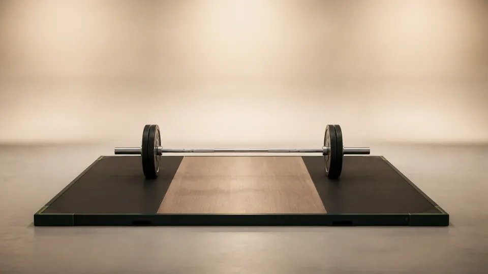 A moderately loaded barbell centered over a black-and-wood lifting platform in a warm studio.