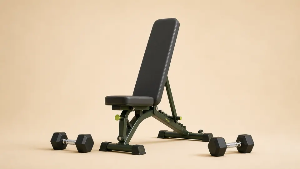 An upright exercise bench with a pair of dumbbells placed beside it.