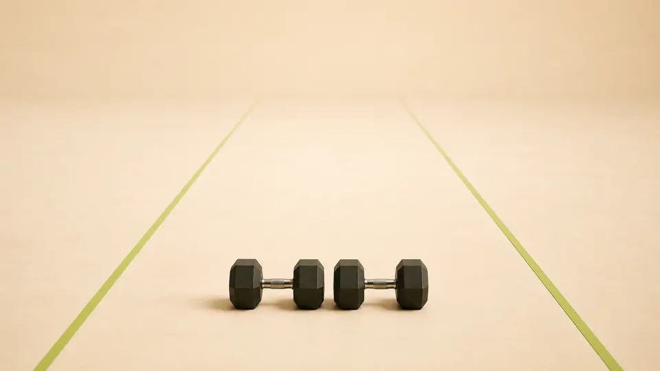 Two dumbbells placed at the start of a clear indoor training lane.